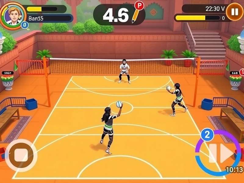 Varanasi Volley Virtuoso gameplay screenshot showing Indian-themed volleyball court